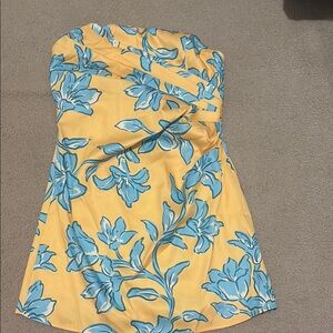 Yellow and Blue Floral Strapless Dress